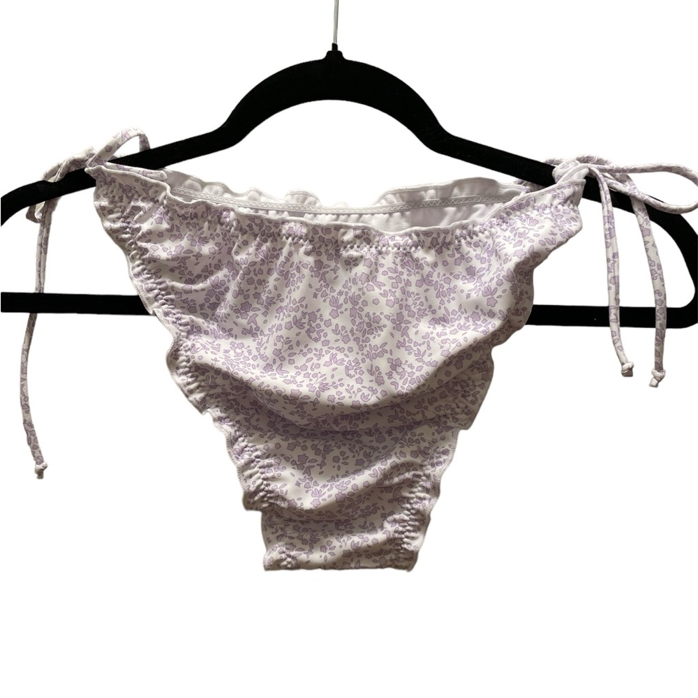 NWOT Shein Side Tie Ruffled Bikini Bottom Purple & White Woman’s size Large